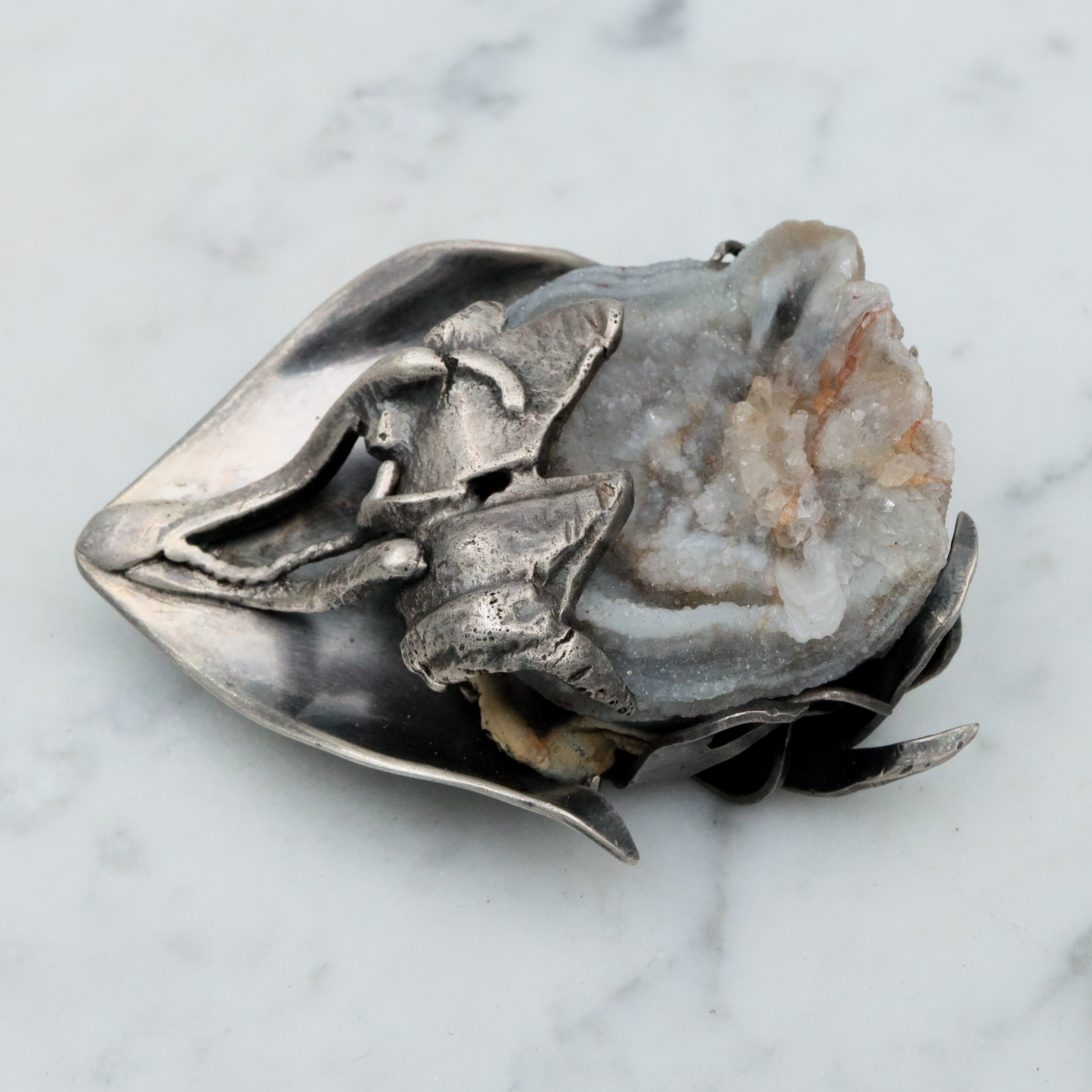 MCM handmade sterling agate druzy flower brooch
